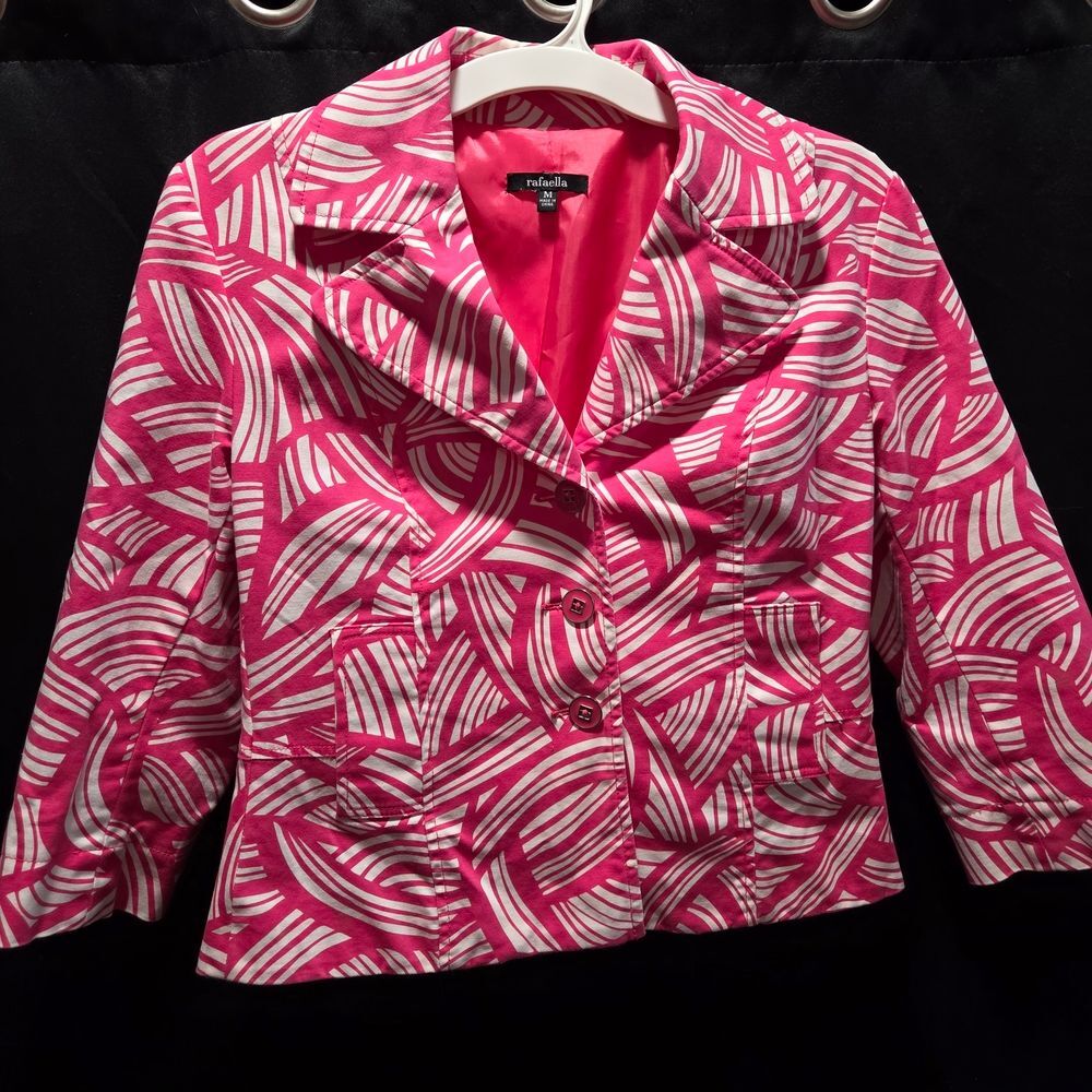 Rafaella Pink Womens Geometric Abstract Blazer Jacket Sz M 3/4 Sleeve Cotton